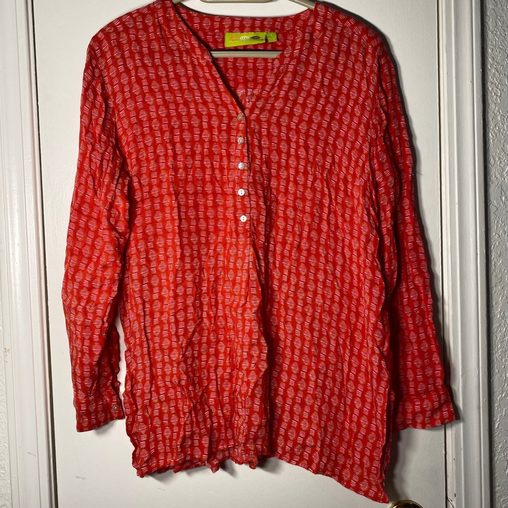 Rockflowerpaper Womens Red Orange Geometric Crinkle Tunic Top Long Sleeve Large
